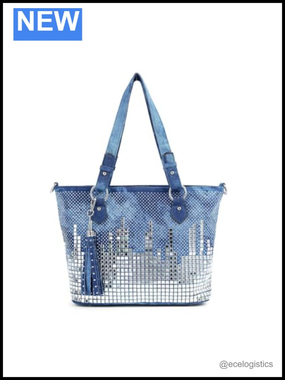 Rhinestone City Skyline Tote - Large Faux Leather Shoulder/Crossbody Purse